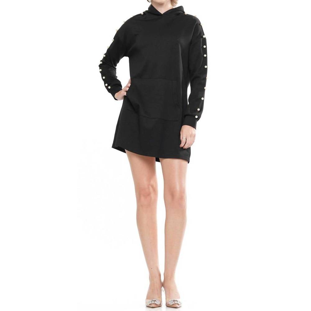 NEW WHY DRESS light lyocell front pocket pearl hoodie dress in black